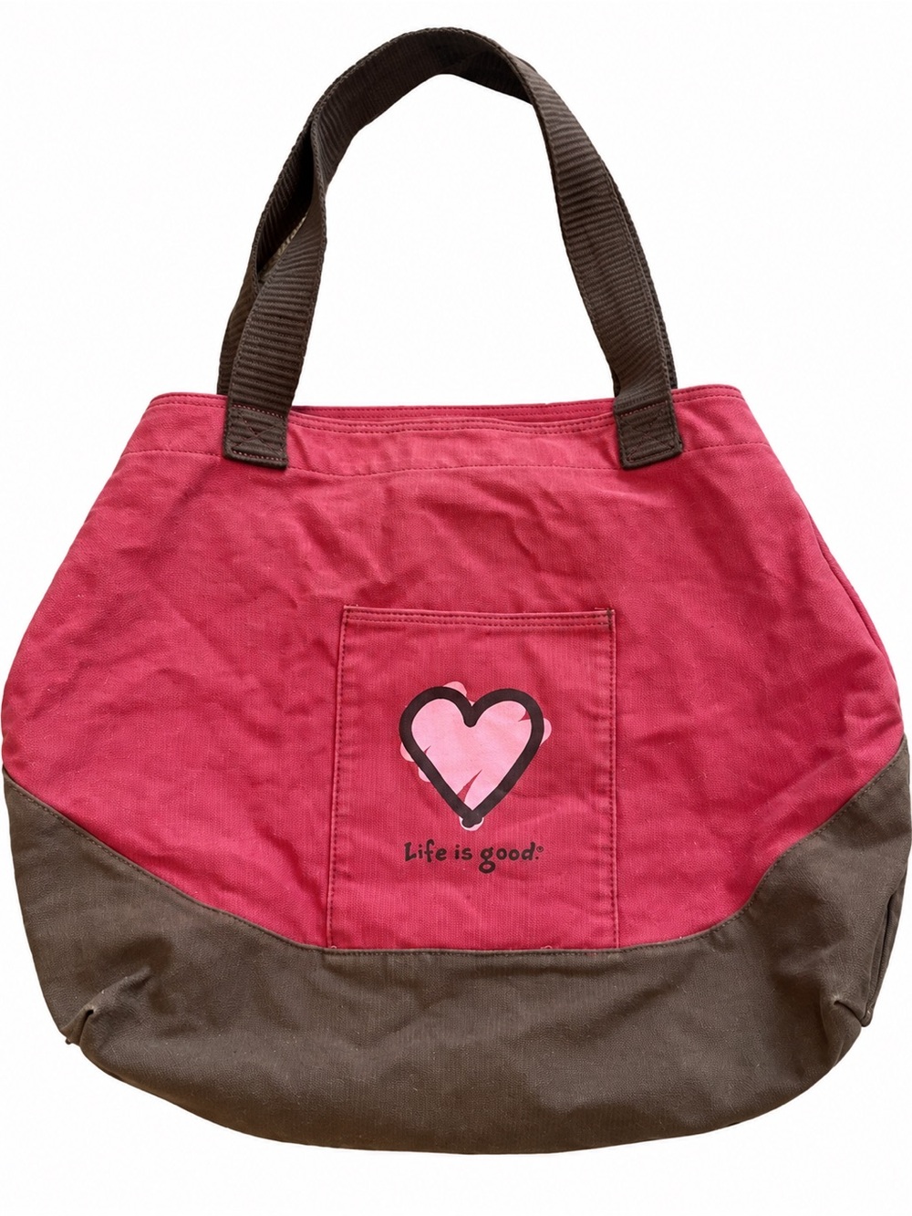 Life Is Good Red-Pink Canvas Tote with Brown Base